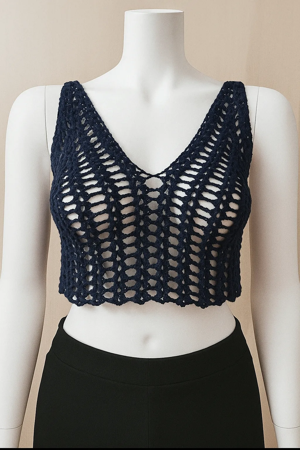 Lacivert Örgü Crop Top Bustiyer - Pullu, Pamuk İplik, El Emeği