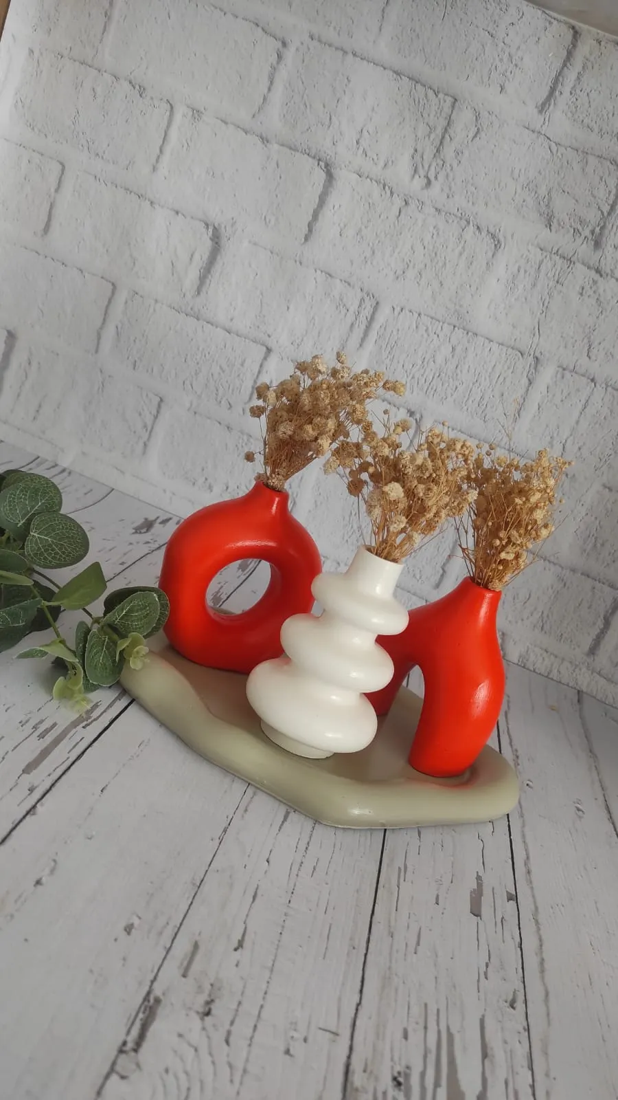 Krem, Turuncu ve Beyaz Minimal Seramik Vazo Seti - Dekoratif El Emeği