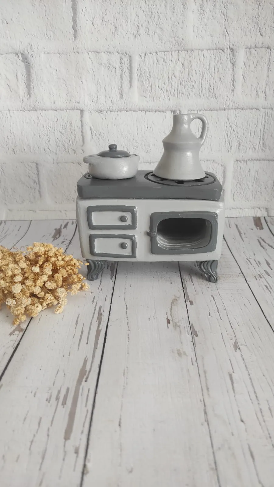 Gri Tonlarda Ahşap Dekoratif Kuzine Soba - El Emeği Oyuncak Soba