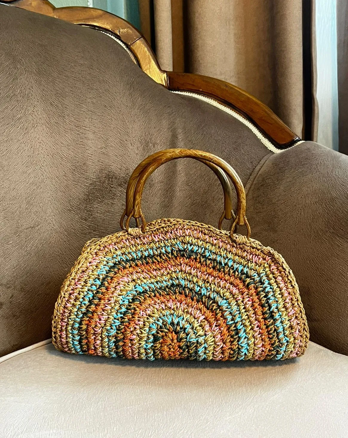 Renkli Kağıt İpten Örme Omuz Çantası - El Yapımı