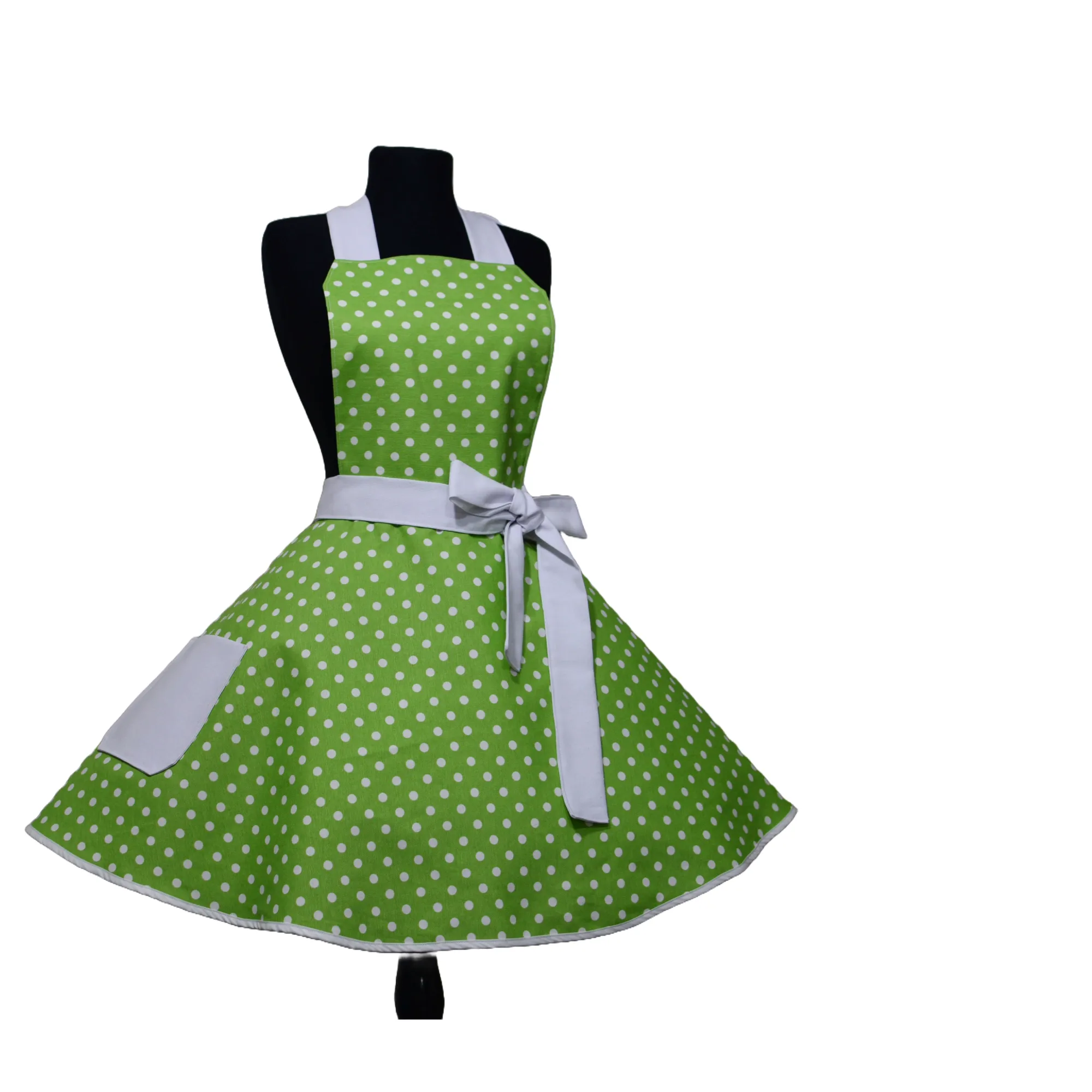 Yeşil Puantiyeli Retro Mutfak Önlüğü - Duck Keten,  El Yapımı  DVRDESIGN