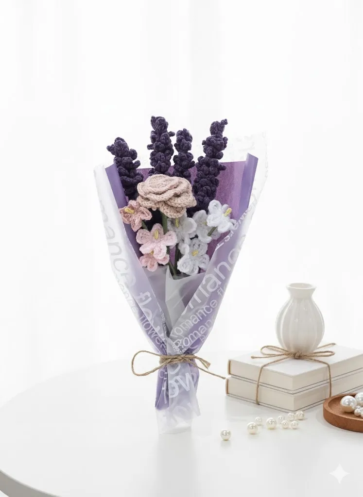 Örgü Lavanta Çiçek Buketi - Solmayan Hediyelik El Emeği
