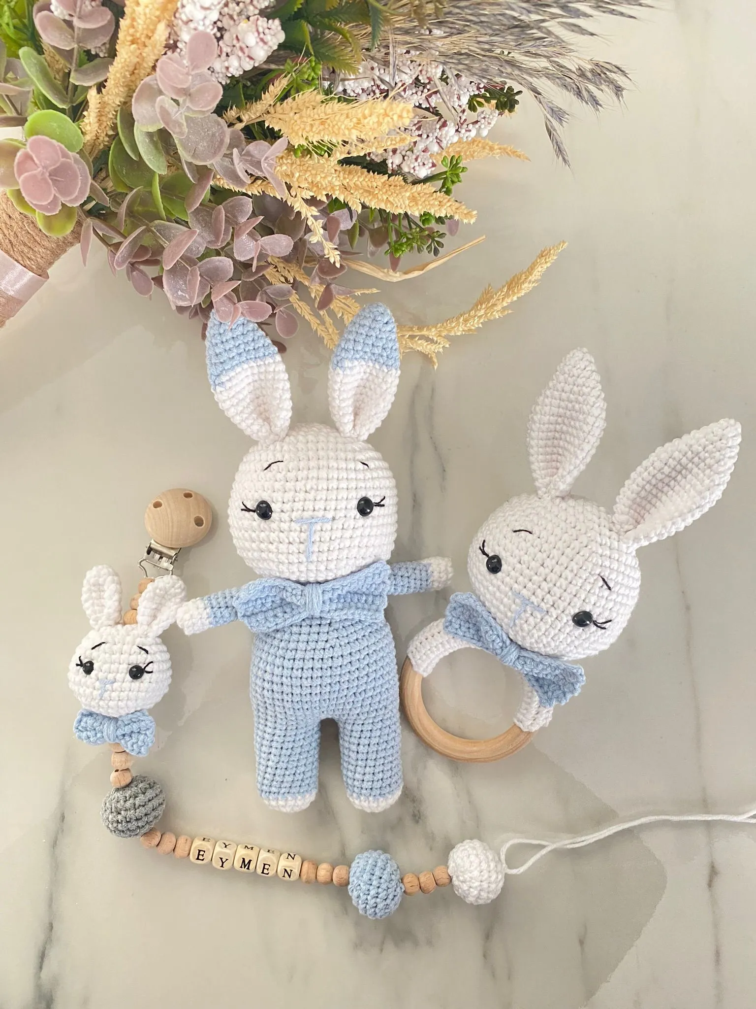 Amigurumi Mavi Tavşan Seti – 3’lü Bebek Oyuncak Seti