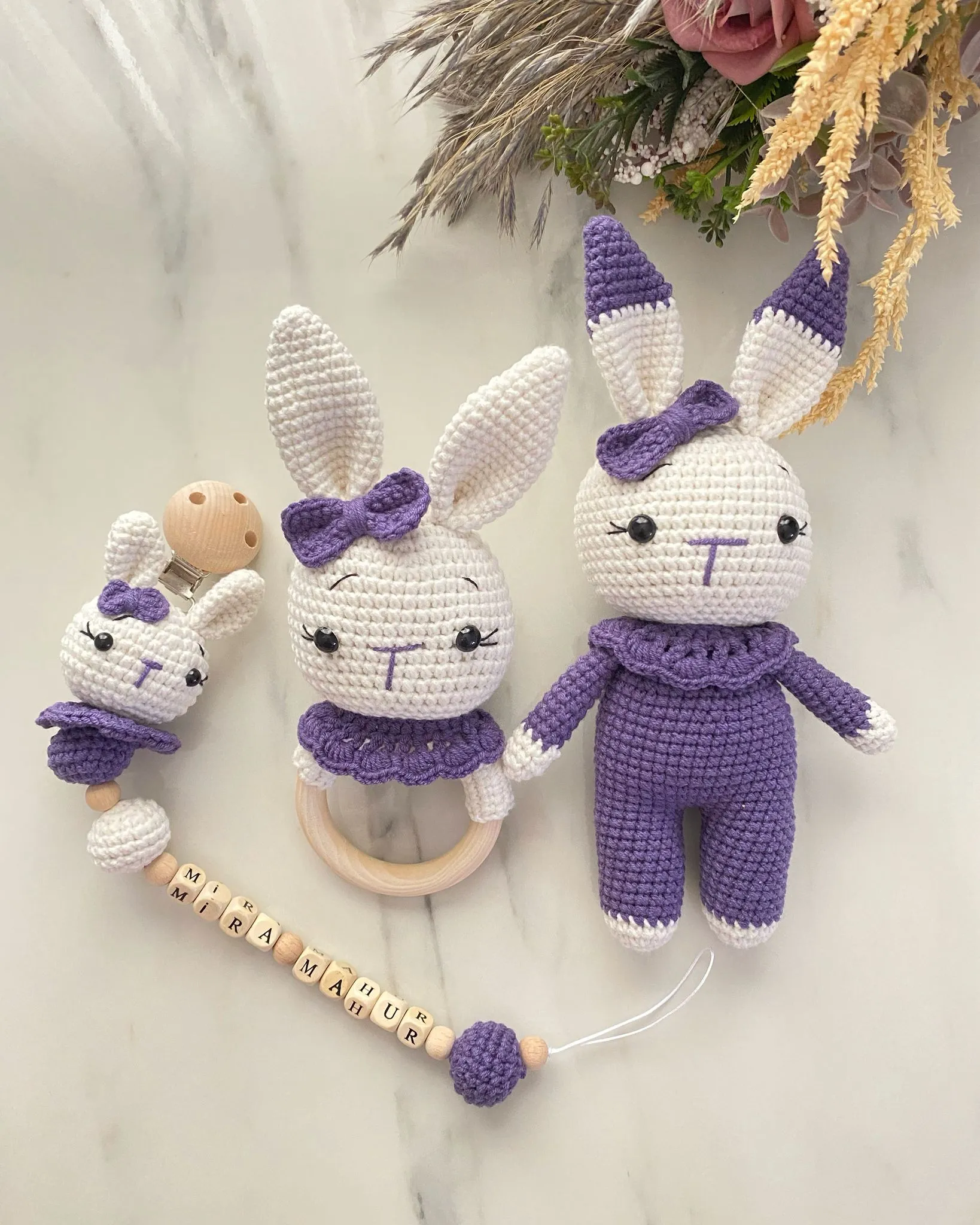 Amigurumi Mor Tavşan Yeni Doğan Seti 3 Lü