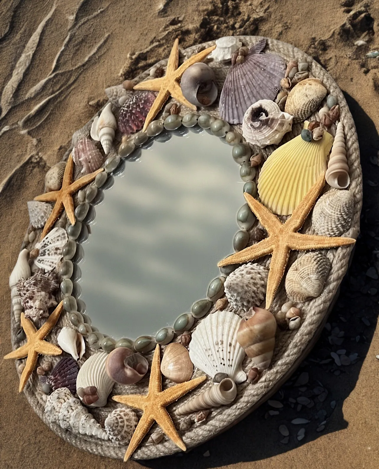 Deniz Kabuklu Dekoratif Ayna - Jüt İp Çerçeveli El Yapımı Ayna