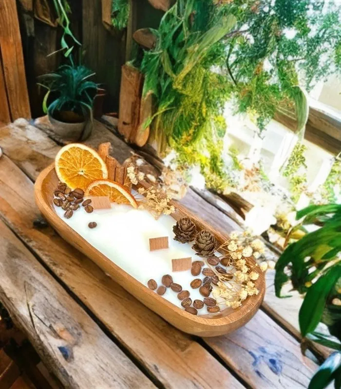 Kahve Aromalı Dekoratif Doğal Mum - Rustik Ahşap Kase İçinde
