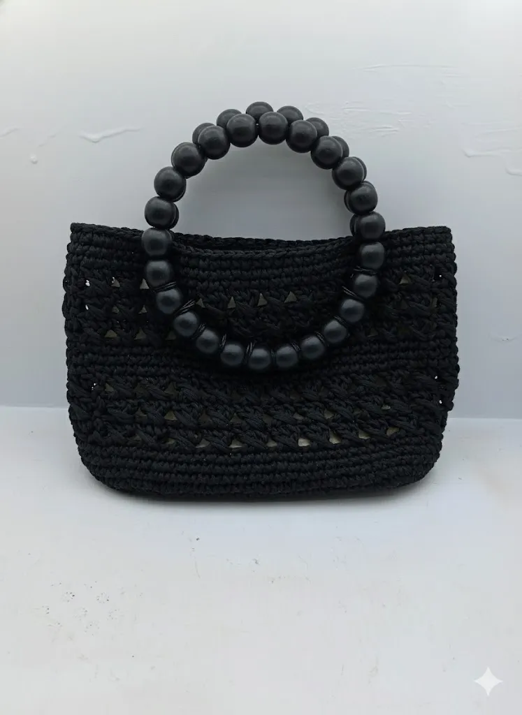 Siyah Örgü Omuz Çantası - Ahşap Boncuklu Saplı - El Yapımı
