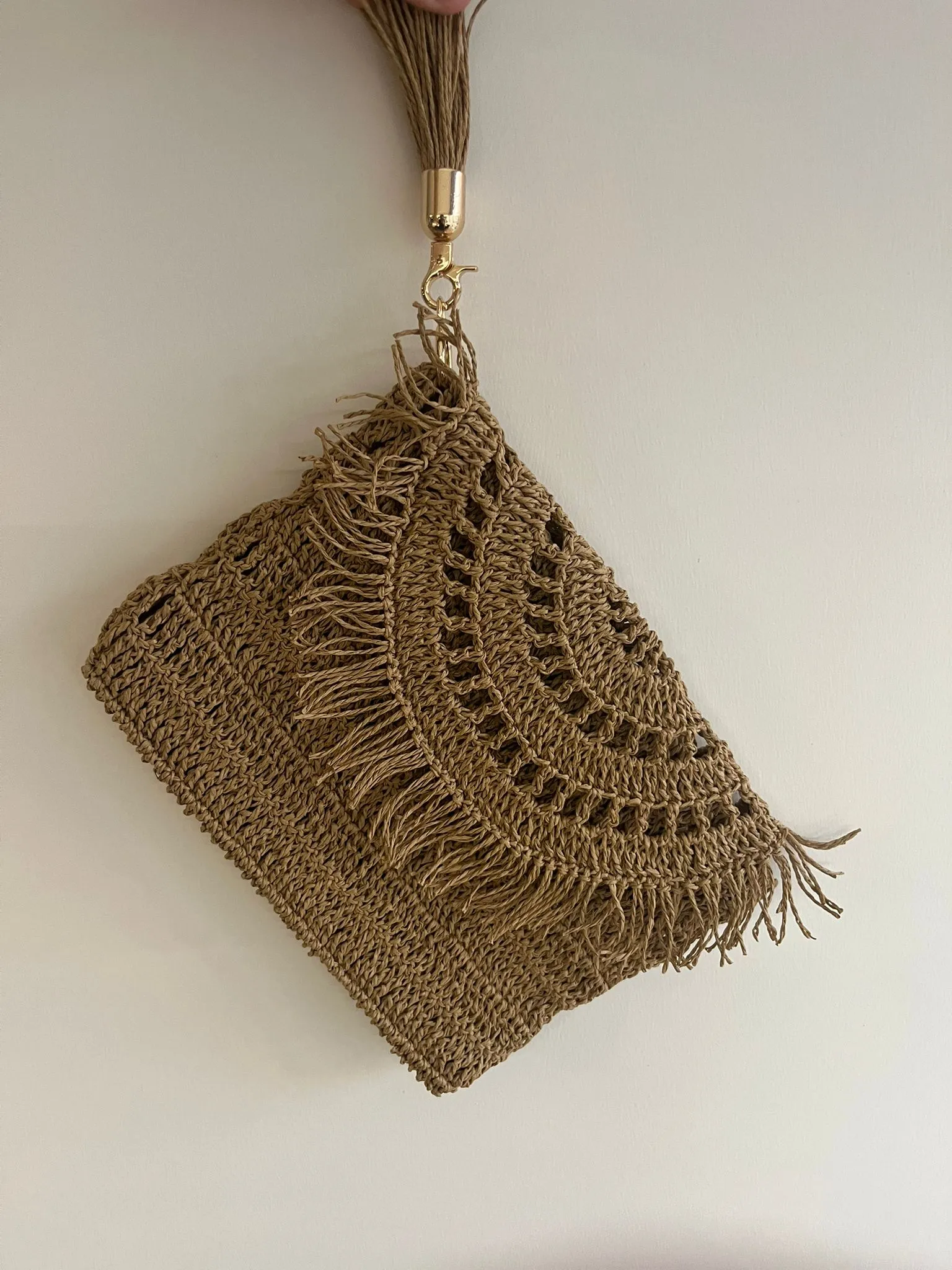 Kahverengi Makrome Detaylı Kulpsuz El Çantası - Bohem Tarzı