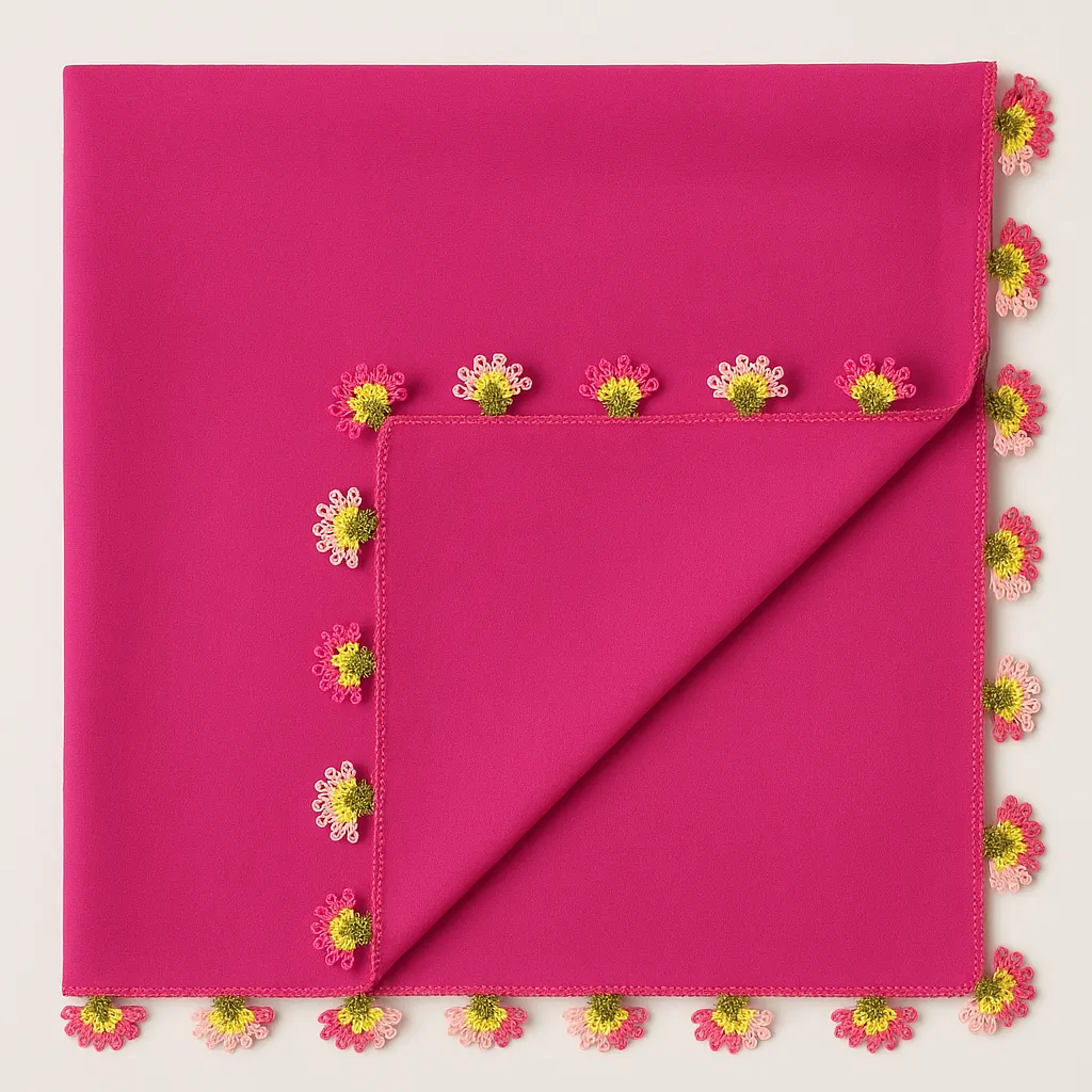 El İşi Çiçek Oyalı Fuşya Yazma – Tığ Oyası Kenar İşlemeli
