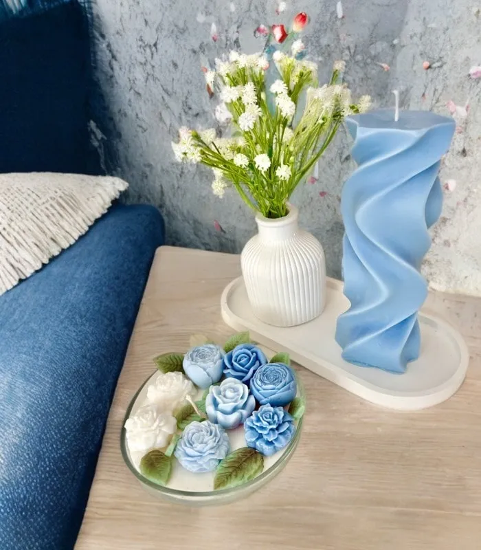 Mavi Çiçekli Doğal Mum Seti - %100 Soya Wax El Yapımı