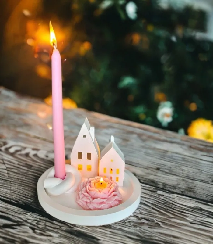 Pembe Şakayık ve Ev Figürlü Doğal Mum Seti - Soya Wax