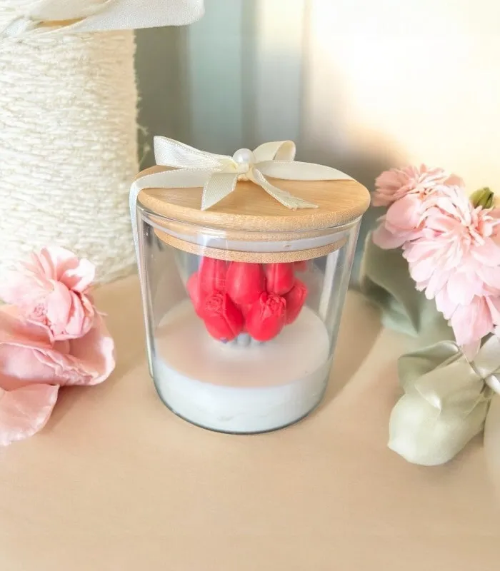 Nazlı Lale Figürlü Doğal Soya Mum - Bambu Kapaklı Cam Kavanoz