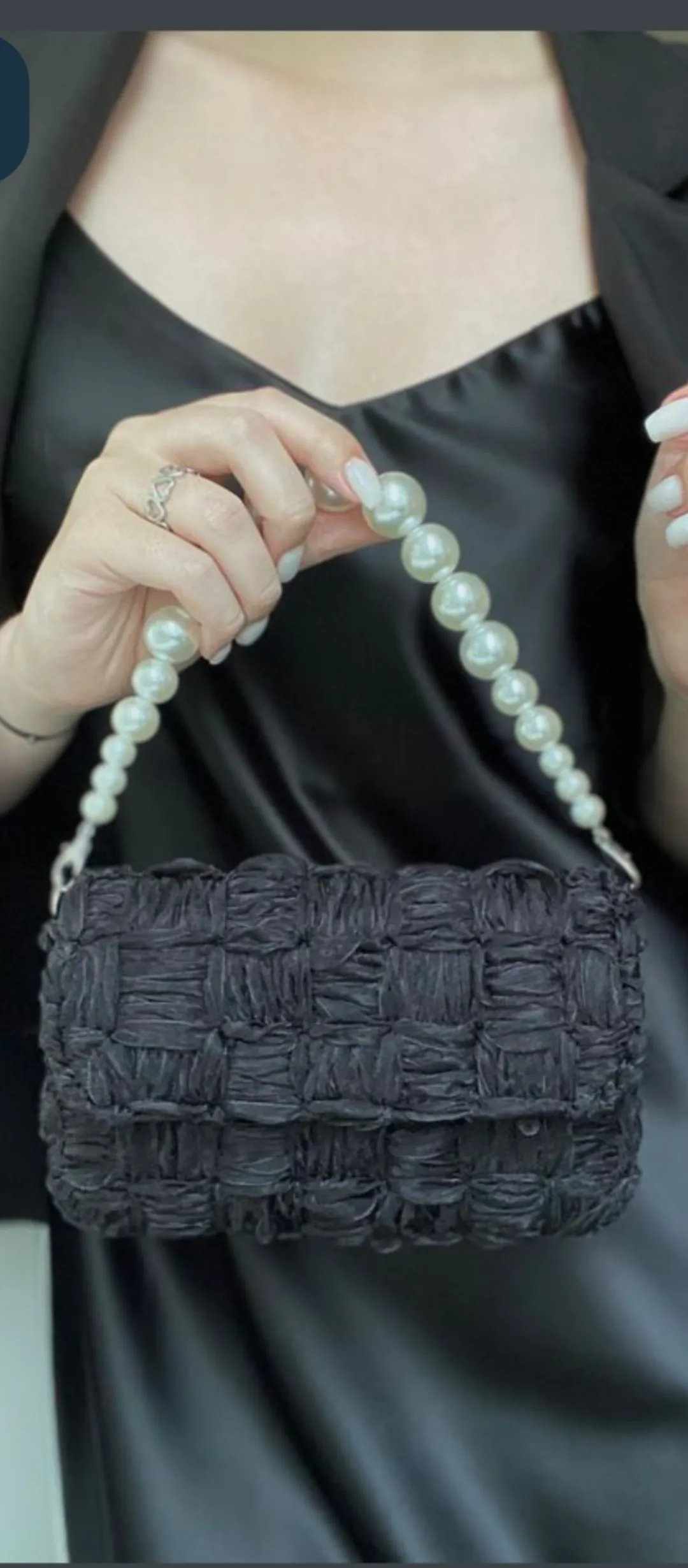 Siyah Örgü Detaylı İnci Saplı Abiye Çanta - Tasarım Harikası