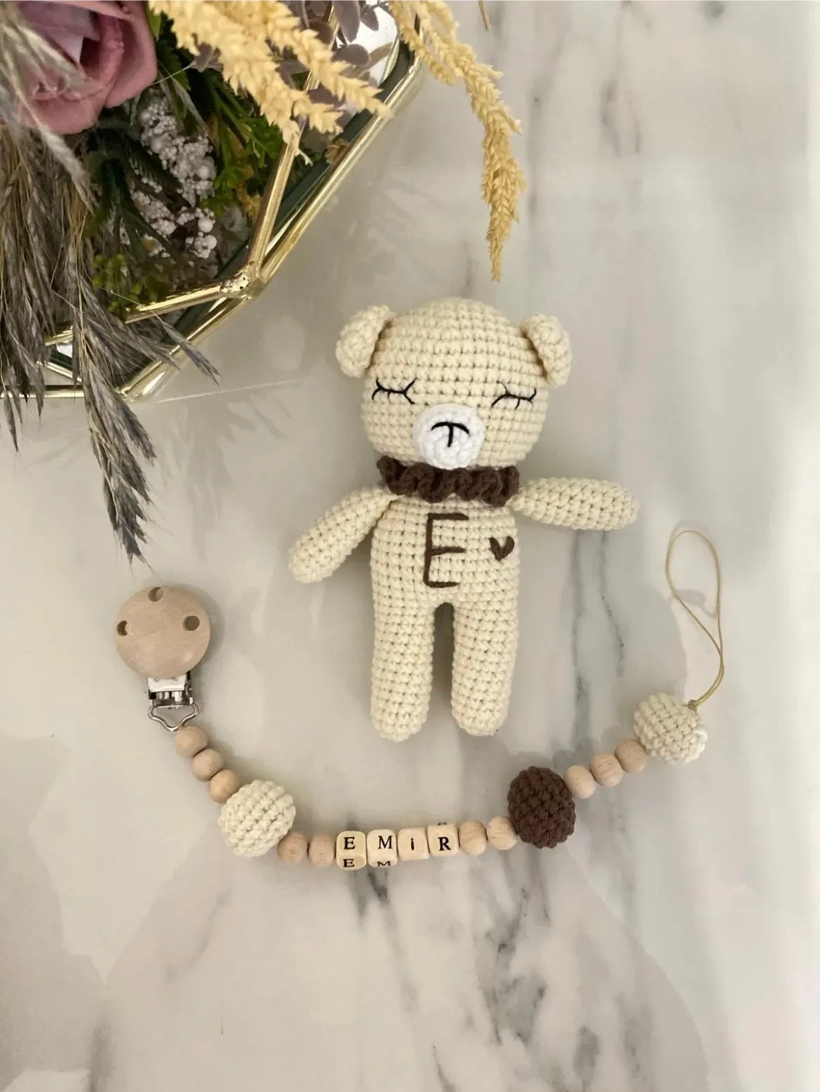 Amigurumi Uyku Arkadaşı Mini Ayı ve İsimli Emzik Zinciri Seti