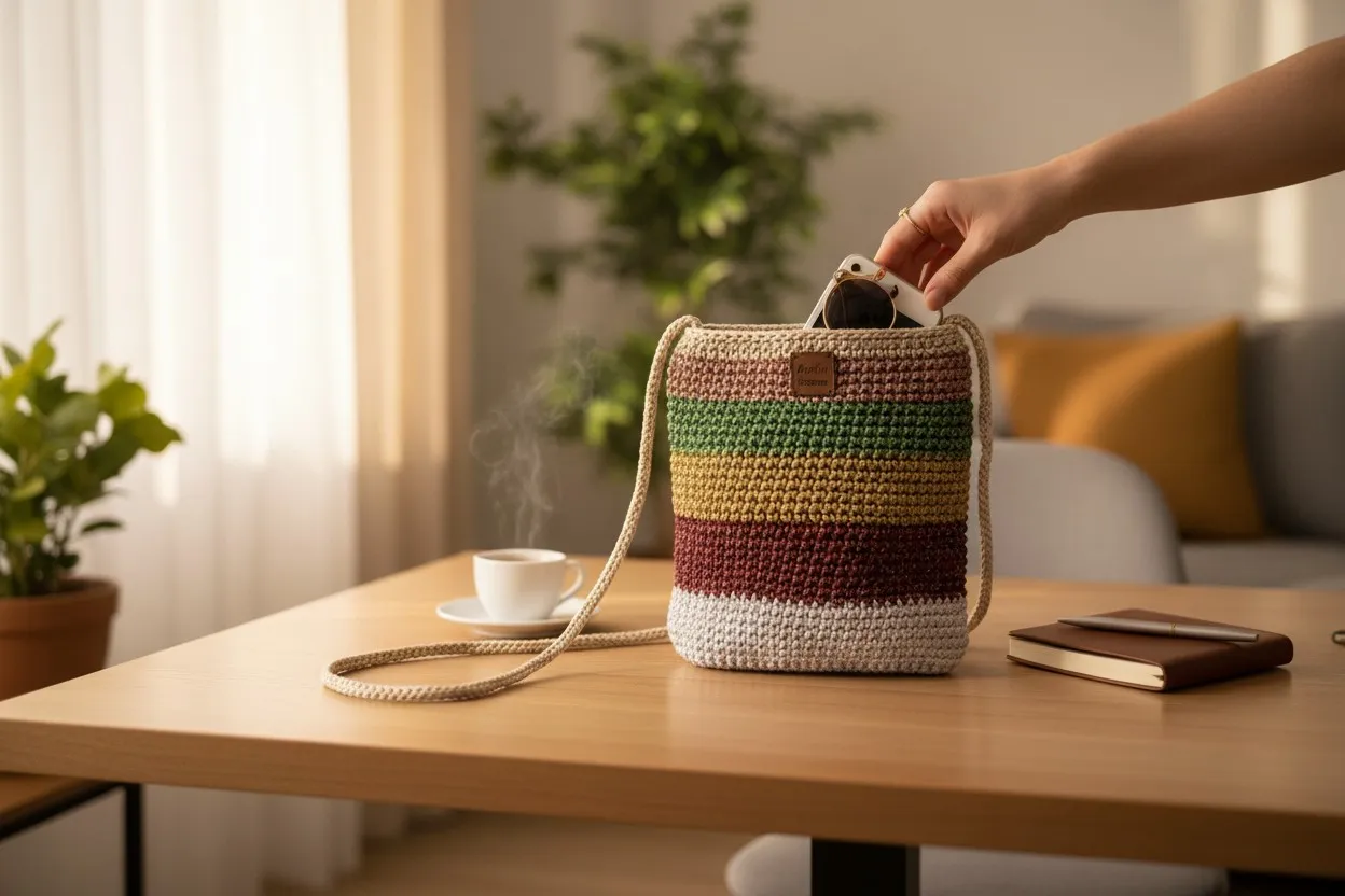 Simli Makrome Örgü Omuz Çantası - Çok Renkli Şeritli - El Örgüsü