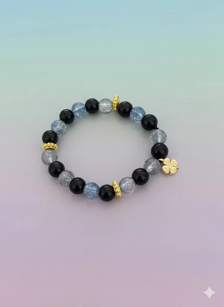 Siyah, Mavi ve Gri Doğal Taşlı Bileklik - Altın Detaylı