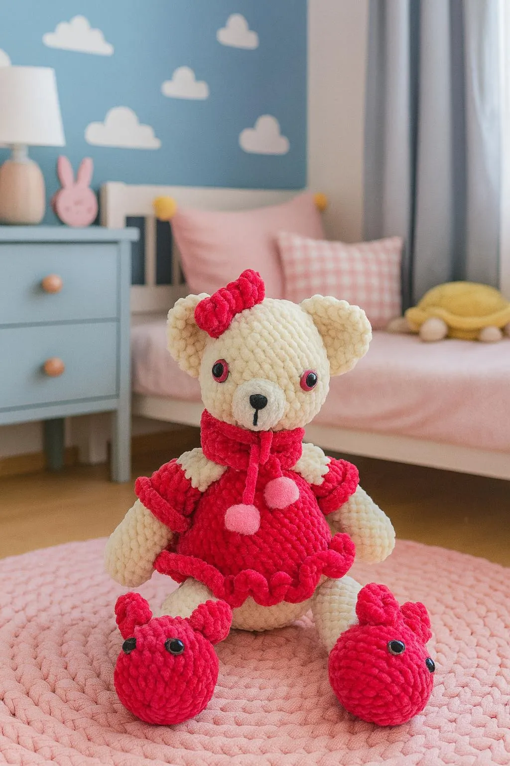 Kadife İpten Örme Pembe Giysili Oyuncak Ayıcık - 38 cm