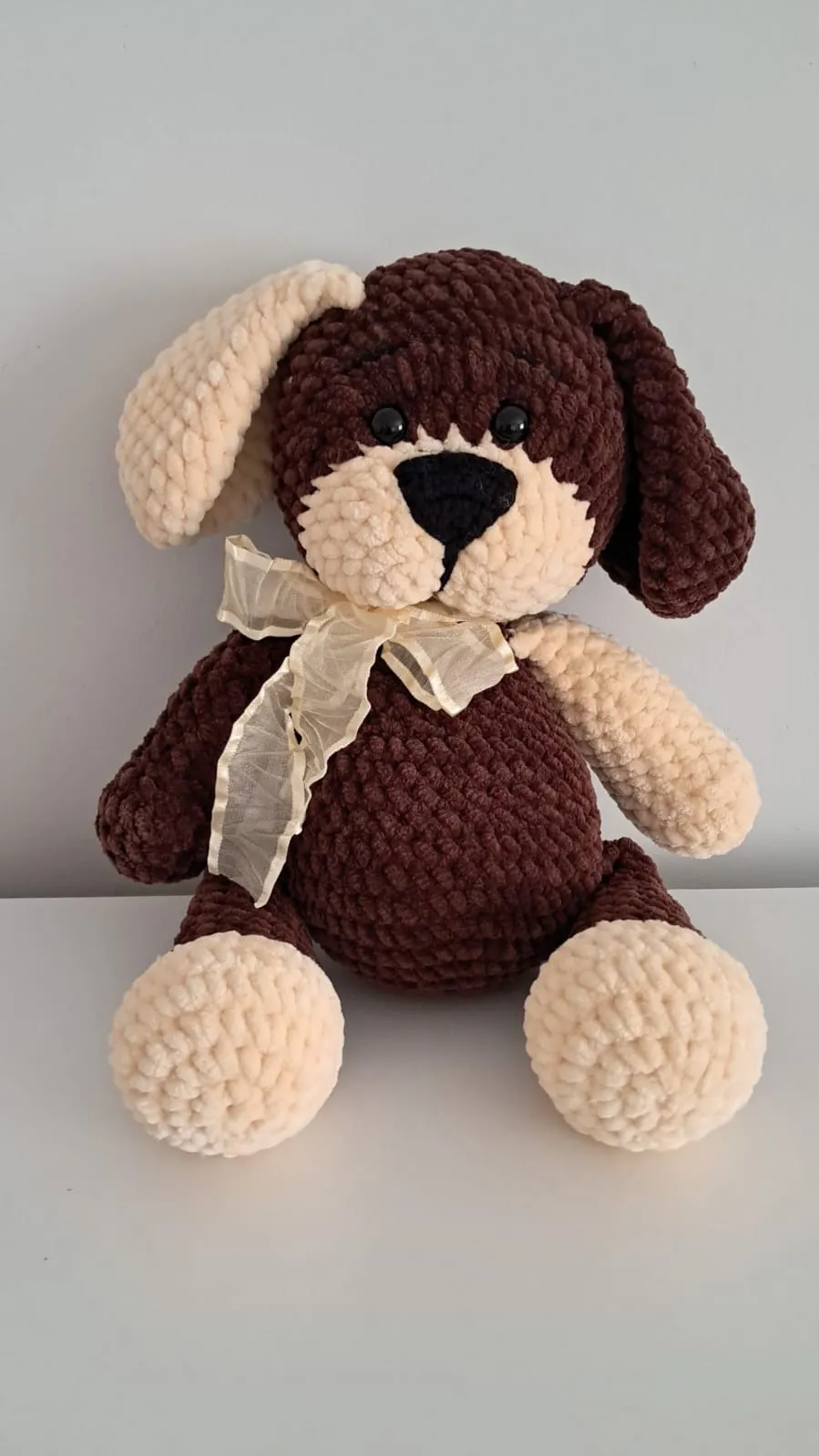 Kahverengi Örgü Kadife Köpek Oyuncak - 35 cm, El Emeği