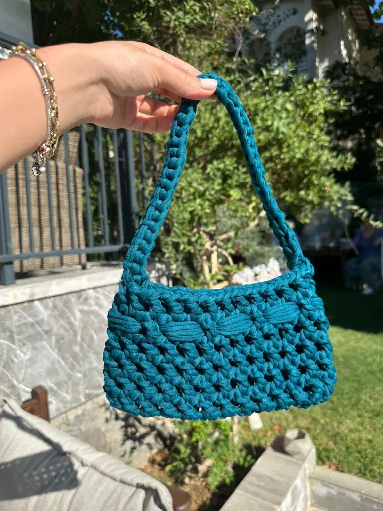 Turkuaz Renkli Penye İpten Örme Omuz Çantası - El Emeği