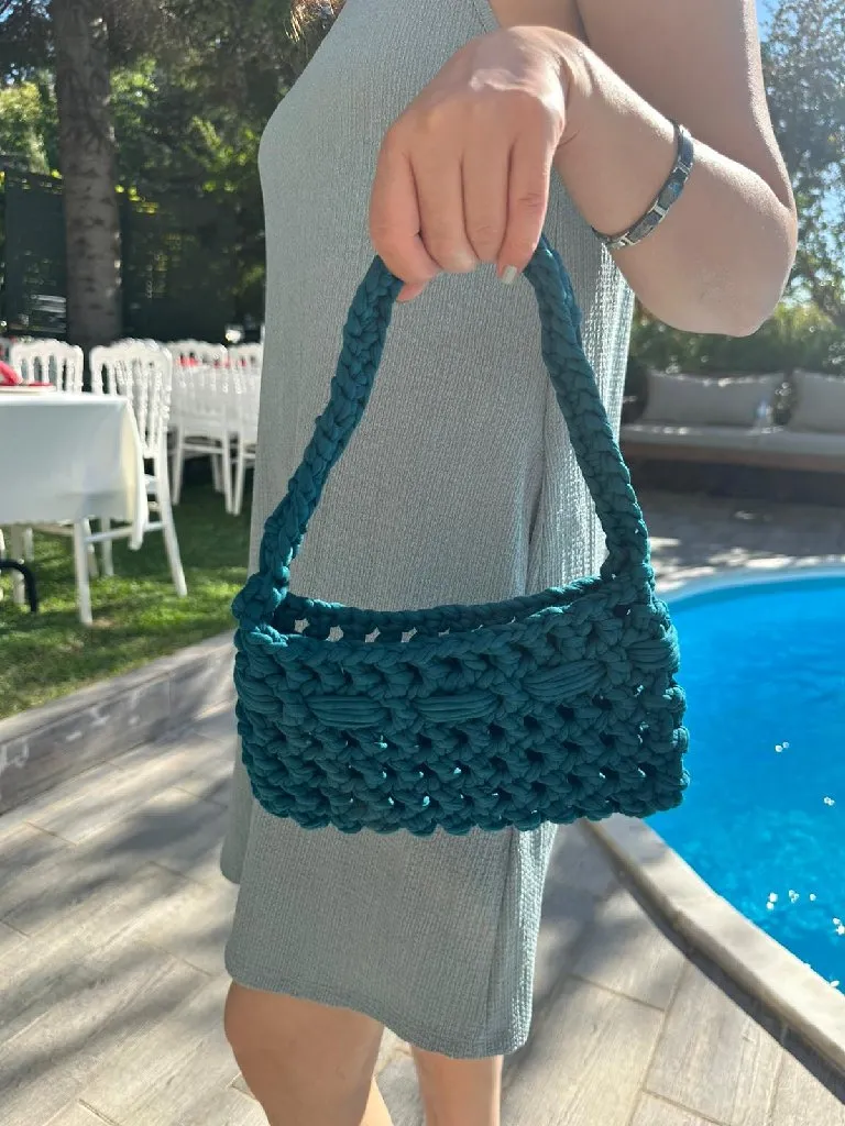 Turkuaz Renkli Penye İpten Örme Omuz Çantası - El Emeği