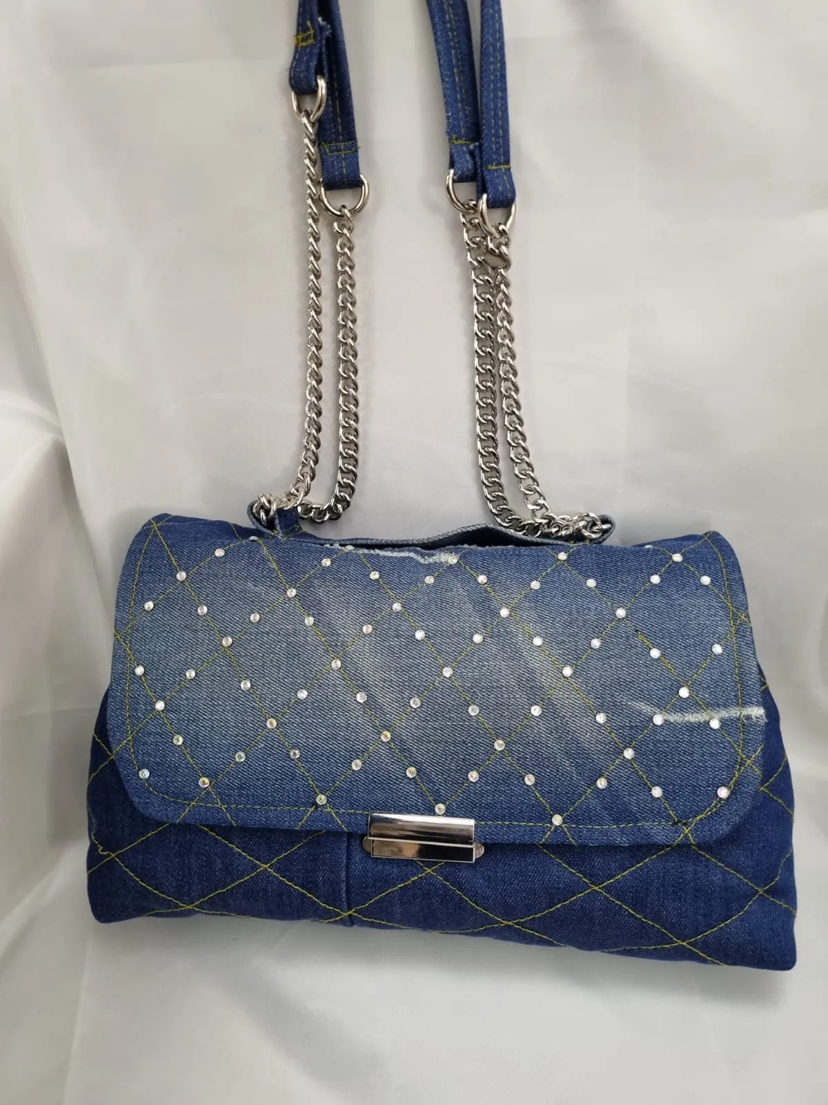 Kot Kumaş Taş Detaylı Zincirli Omuz Çantası - El Yapımı