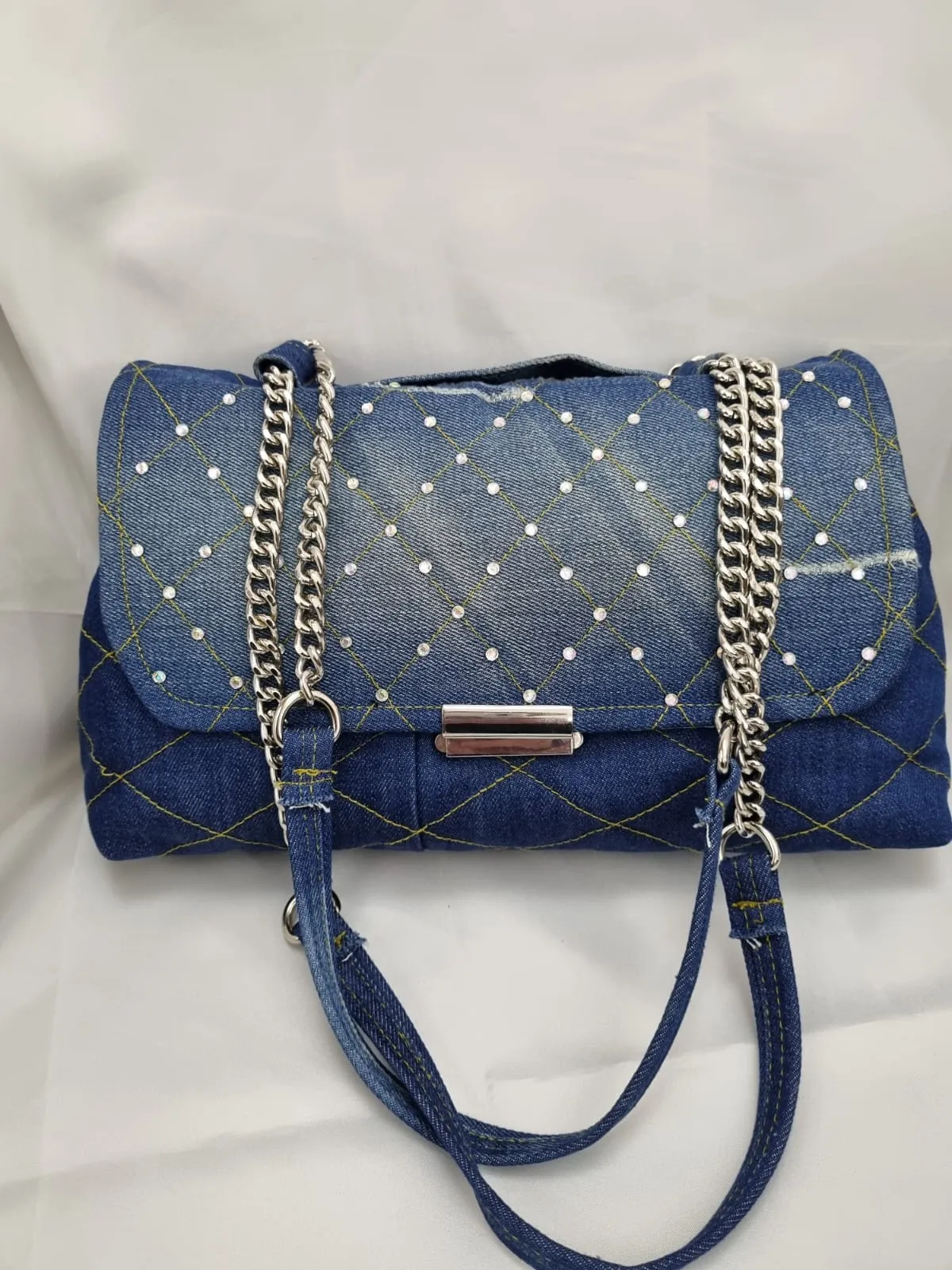 Kot Kumaş Taş Detaylı Zincirli Omuz Çantası - El Yapımı