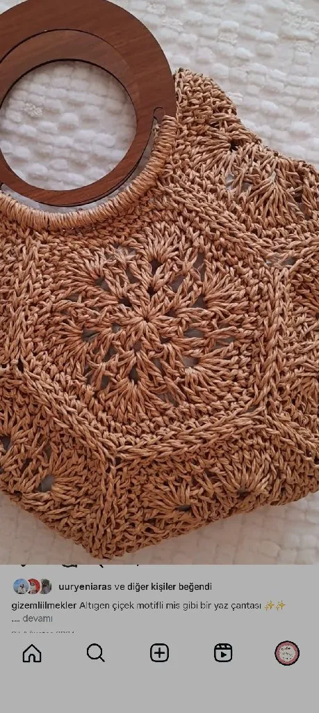 Bej Altıgen Kağıt İp Örgü Omuz Çanta - Yuvarlak Ahşap Saplı