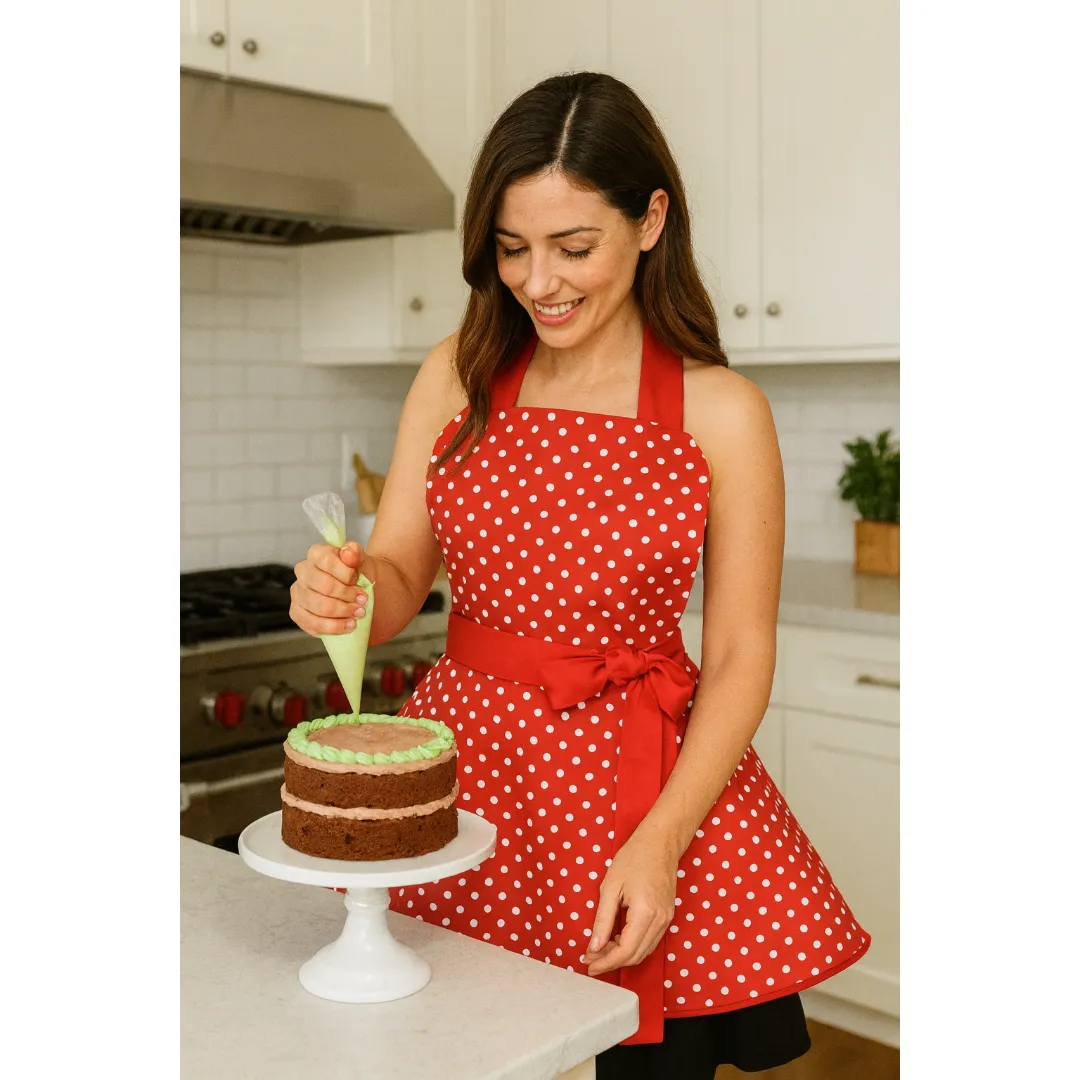 Kırmızı Puantiyeli Retro Mutfak Önlüğü - Duck Keten,  El Yapımı  DVRDESIGN