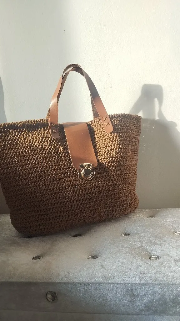 Kahverengi Kağıt İp Örgü Büyük Boy Omuz Çantası - El Yapımı