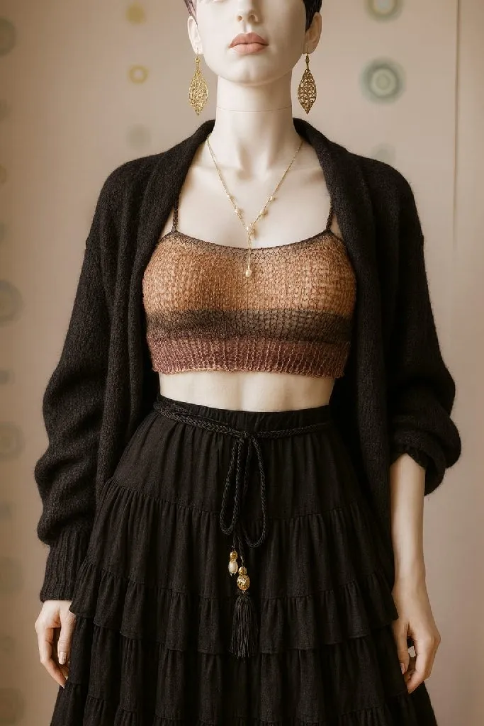 Kahverengi Tonlarında Renk Geçişli Örgü Bustiyer - El Örgüsü