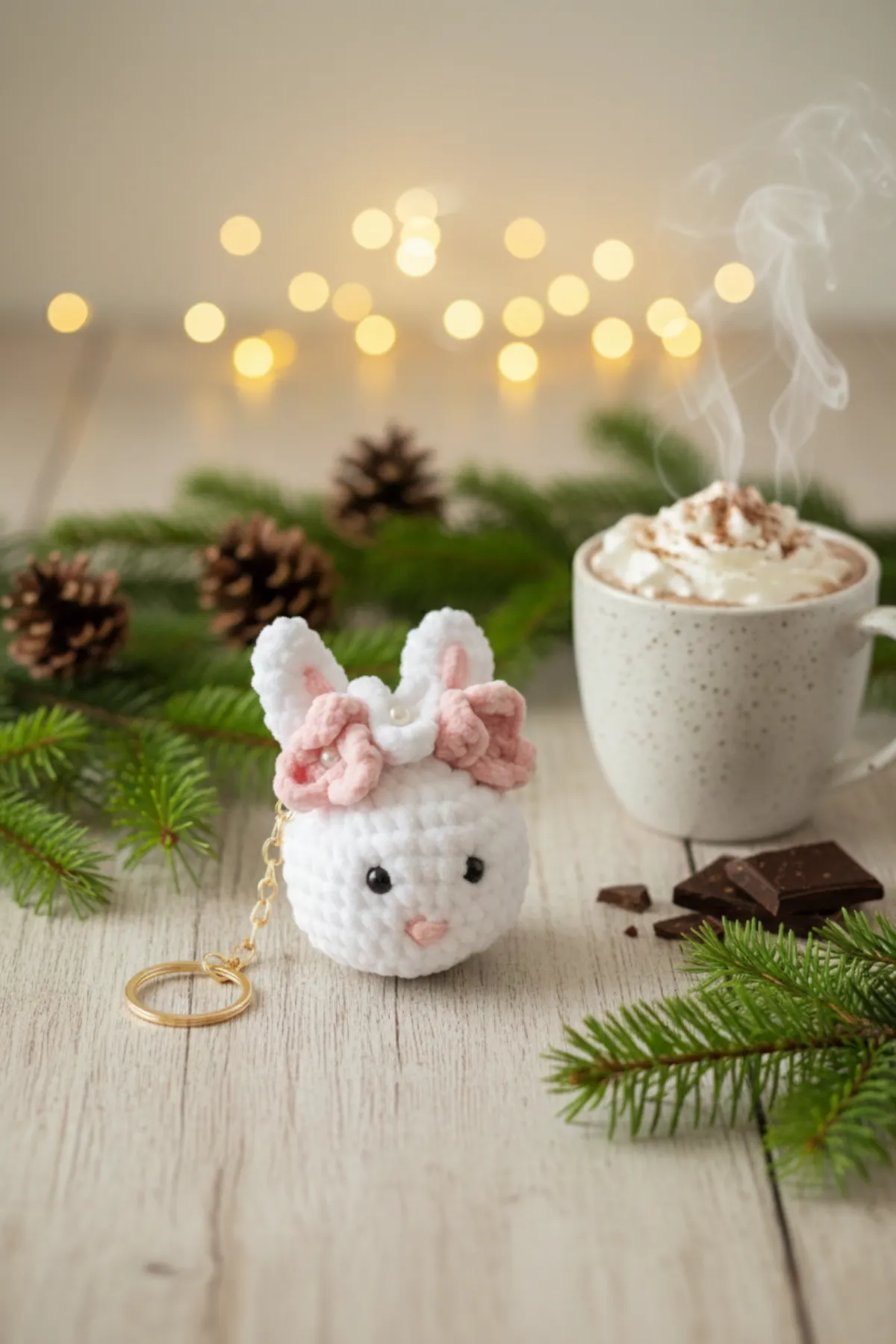 El Yapımı Puf Tavşan Anahtarlık | İncili Kurdele Detaylı Yılbaşı Hediyesi & Çanta Süsü