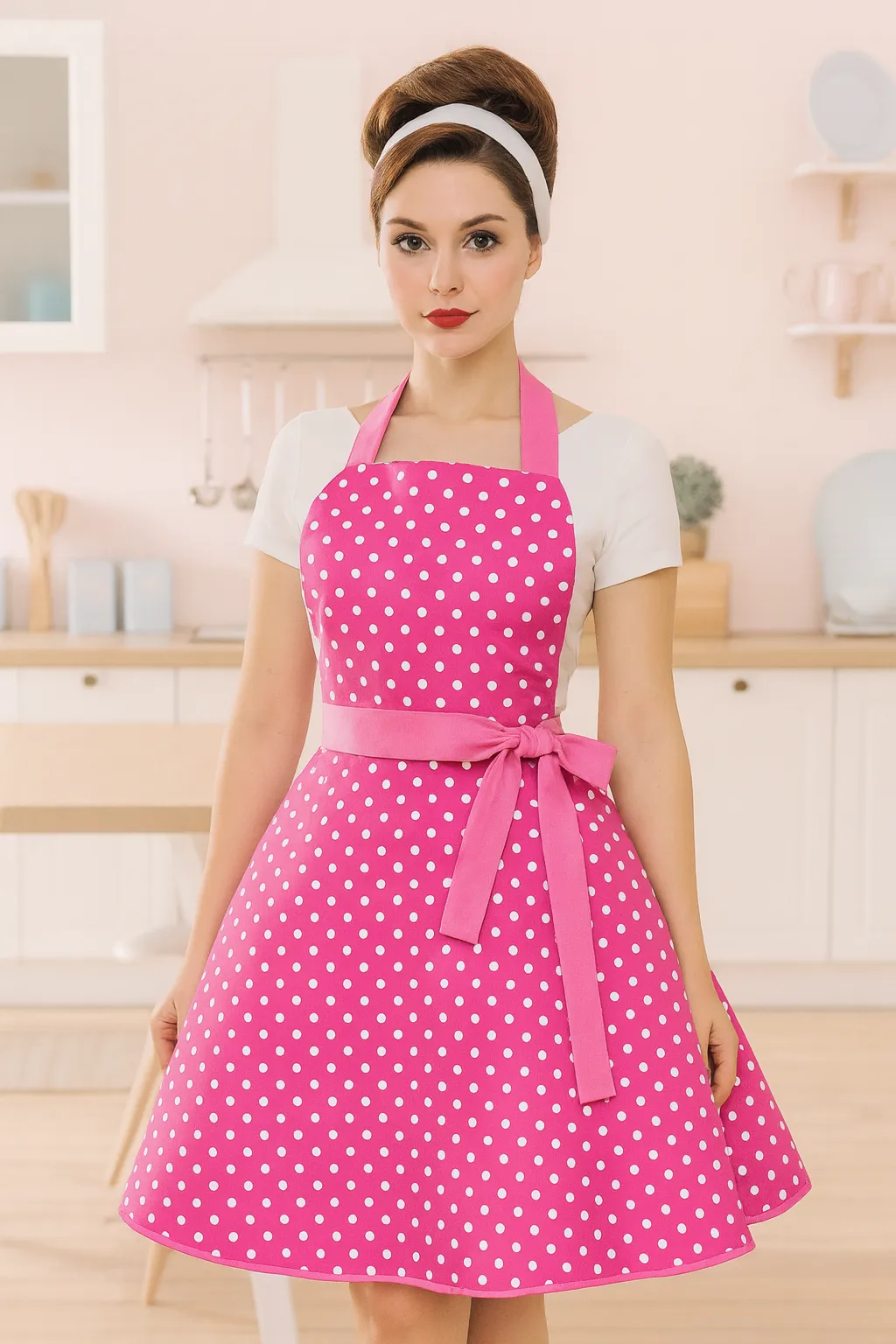 Pembe  Puantiyeli Retro Mutfak Önlüğü - Duck Keten,  El Yapımı  DVRDESIGN