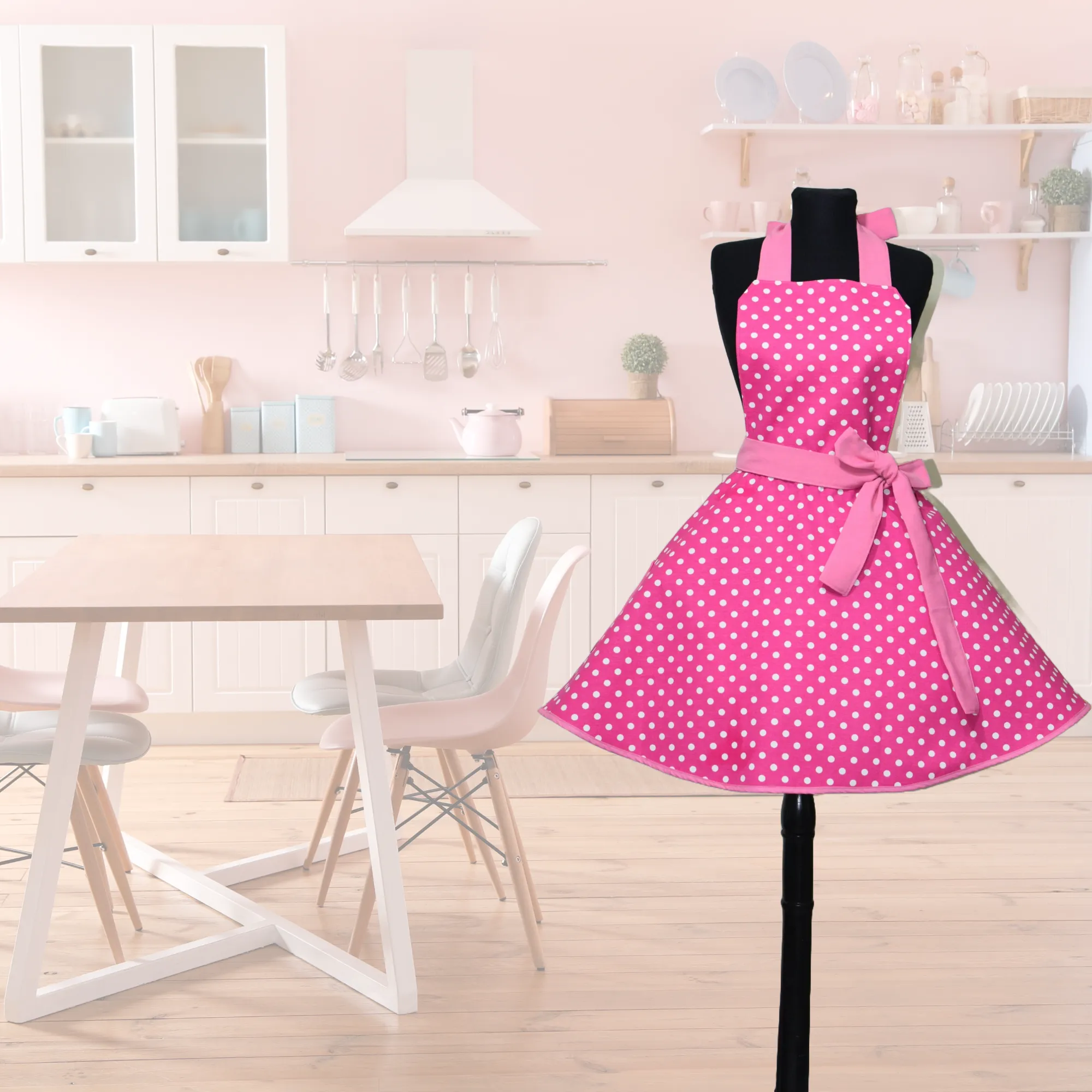 Pembe  Puantiyeli Retro Mutfak Önlüğü - Duck Keten,  El Yapımı  DVRDESIGN