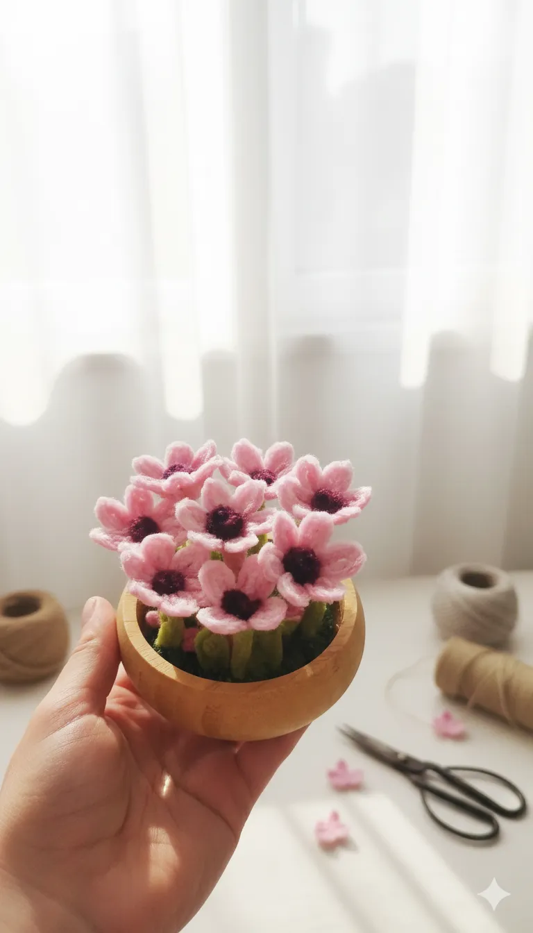 Pembe Tığ İşi Çiçek Aranjmanı - Ahşap Saksıda El Yapımı Hediye