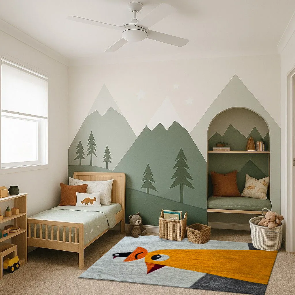 Çocuk Odası İçin Tufting Halı - Anne ve Yavru Kuş Desenli 88x122 cm