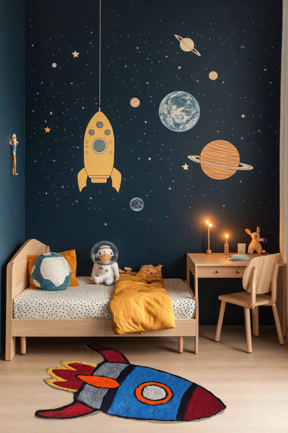 Çocuk Odası Tufting Halı - Roket Desenli Pamuk Akrilik El İşçiliği