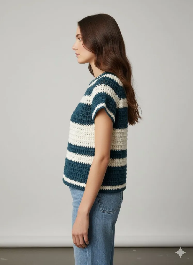 Vafıl Desenli Kısa Kollu Örgü Yelek - Lacivert ve Krem - El Örgüsü