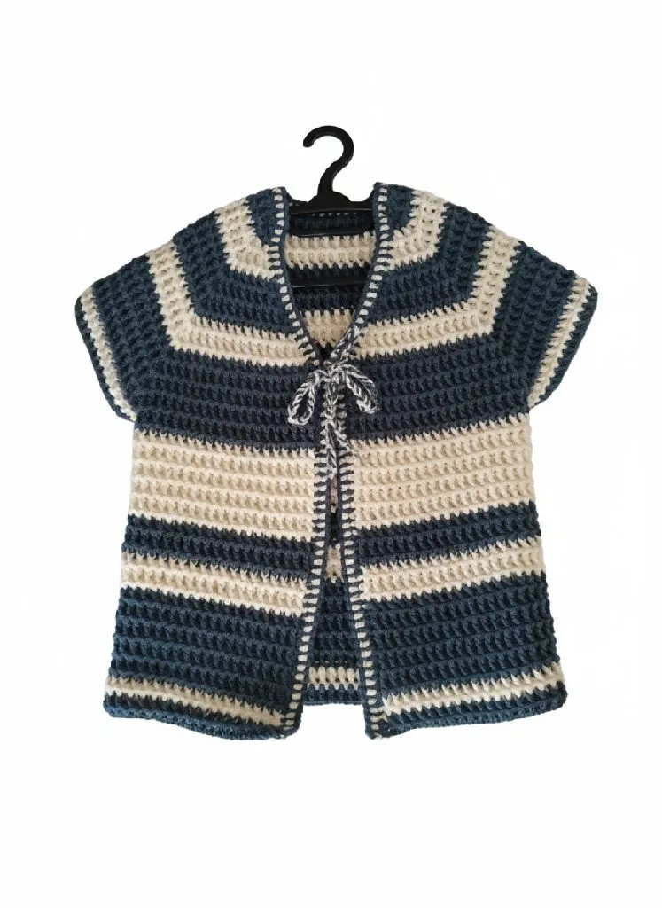 Vafıl Desenli Kısa Kollu Örgü Yelek - Lacivert ve Krem - El Örgüsü