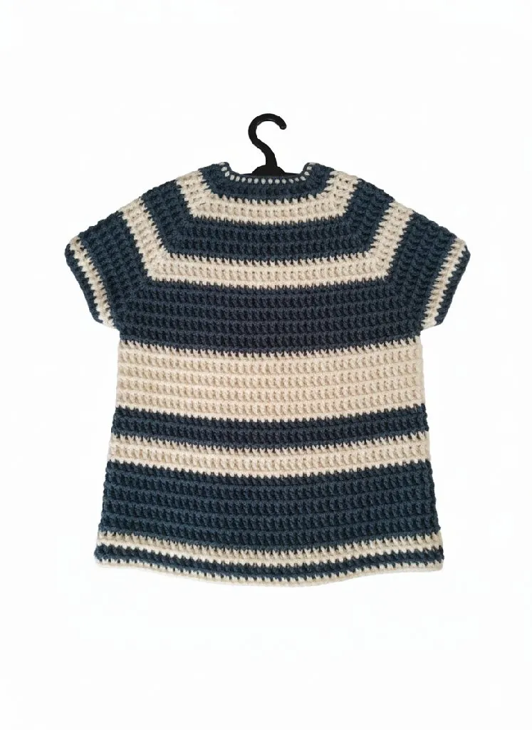 Vafıl Desenli Kısa Kollu Örgü Yelek - Lacivert ve Krem - El Örgüsü