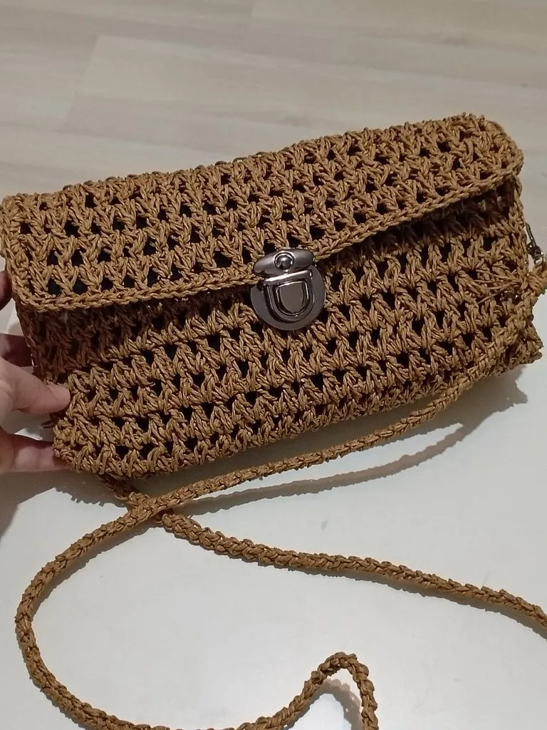 Kahverengi Kağıt İp Örgü Omuz Çantası - El Örgüsü