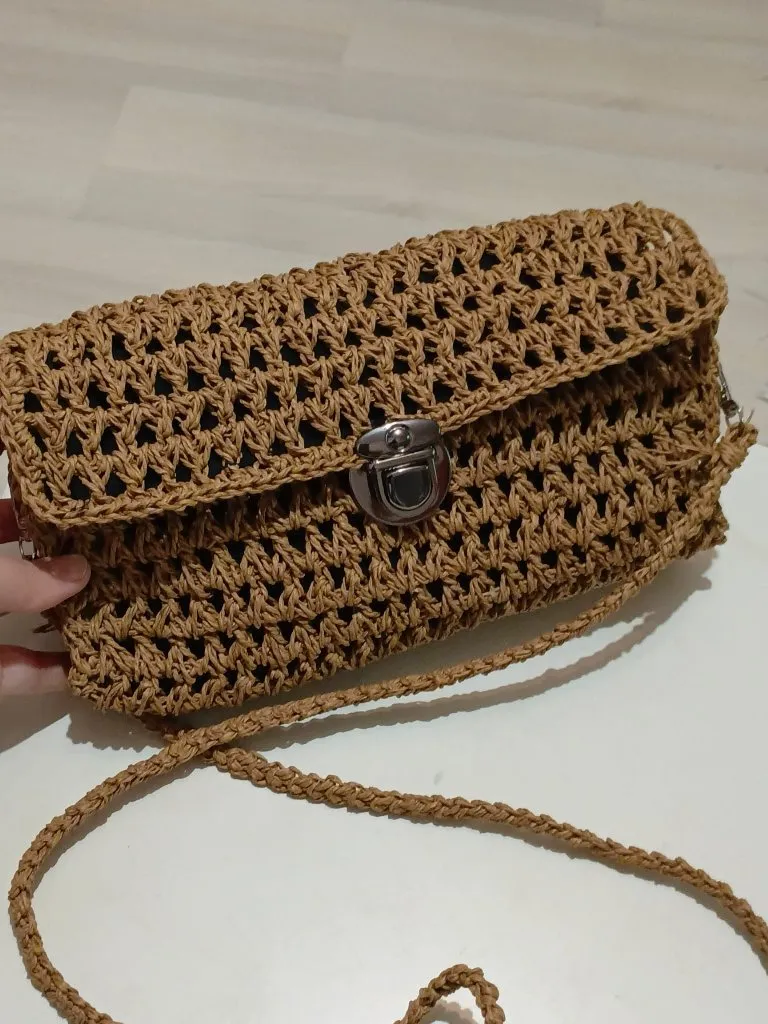 Kahverengi Kağıt İp Örgü Omuz Çantası - El Örgüsü