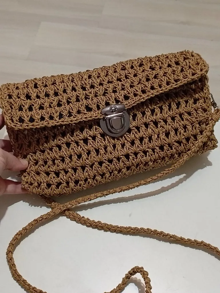 Kahverengi Kağıt İp Örgü Omuz Çantası - El Örgüsü