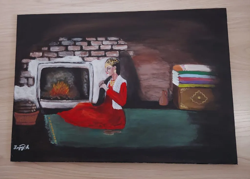Akrilik Boya "Şömine Başında Türk Kızı" Tablo - 35x50 cm