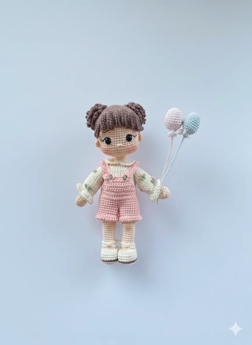 Örgü Amigurumi Bebek Oyuncak - Pembe Tulumlu, El Emeği Bebek