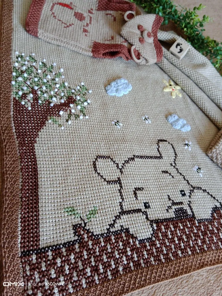 Örgü Bebek Battaniyesi - Ayıcık ve Ağaç Desenli El Emeği 100x100 cm