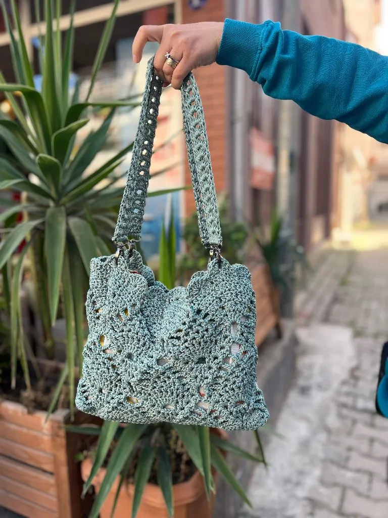 Su Yeşili Örgü Balık Model Omuz Çantası - Astarlı ve Çıtçıtlı