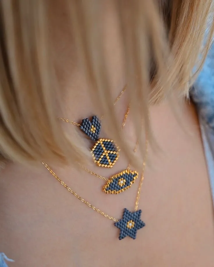 Mavi Miyuki Boncuklu Gold Zincirli 4'lü Kolye Seti - El Emeği