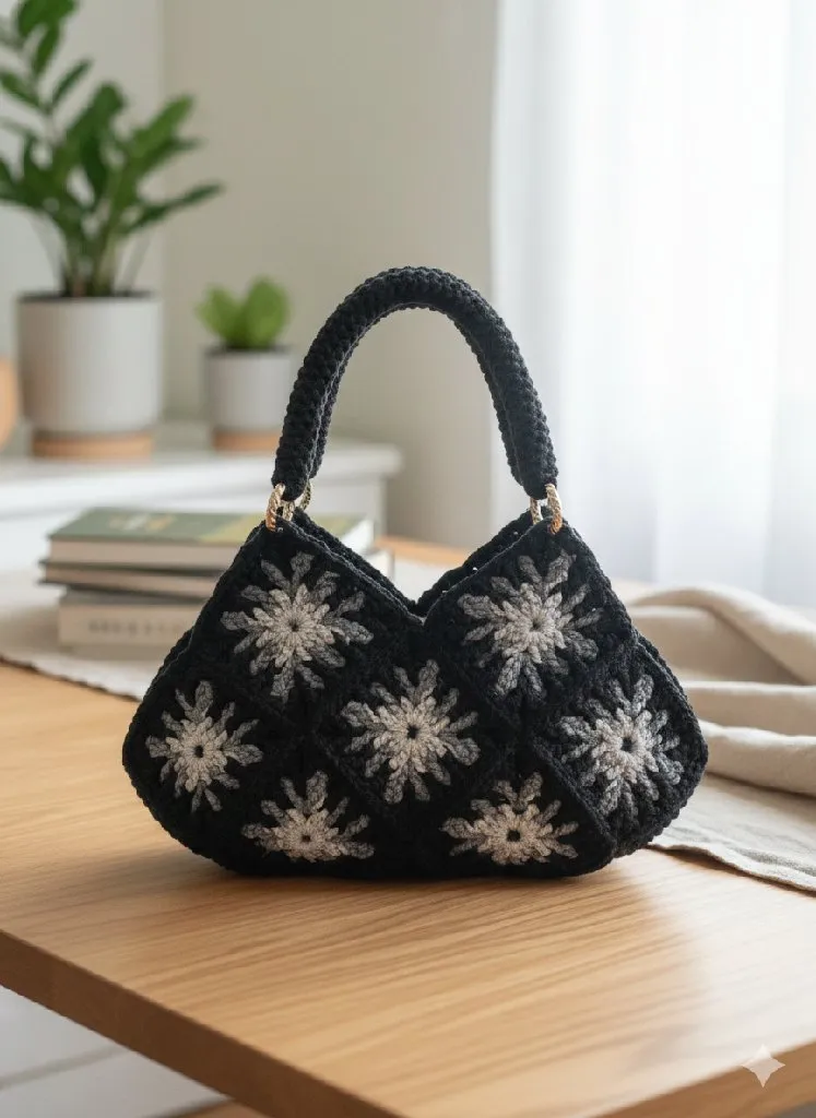 Siyah ve Gri Çiçek Desenli Örgü Omuz Çantası - El Emeği