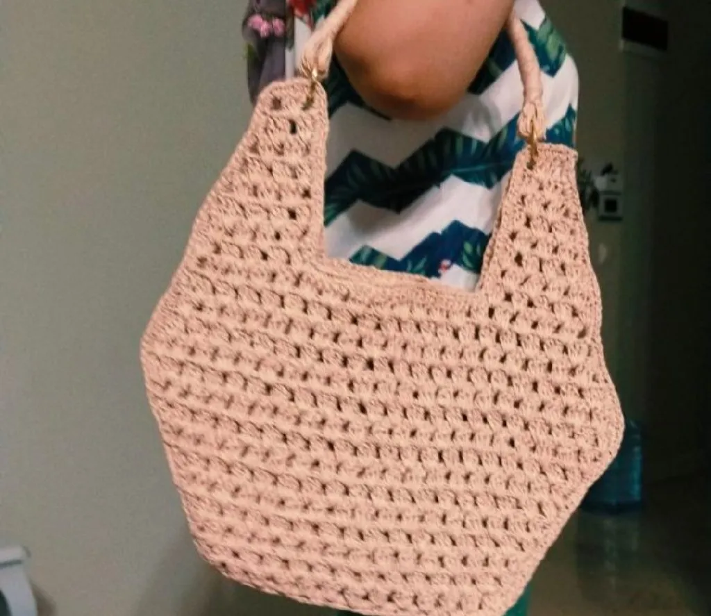 Pudra Renk Kağıt İp Örgü Çanta - Astarsız Çıtçıtlı - El Emeği
