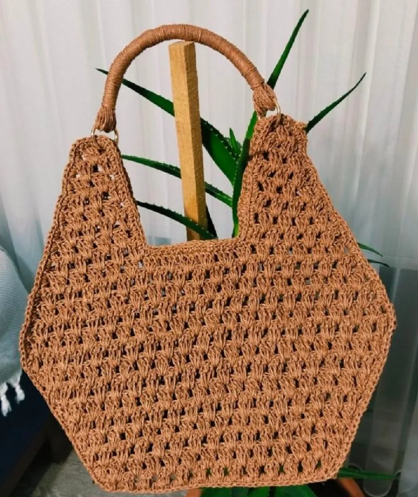 Kahverengi Kağıt İpten Örme Omuz Çantası - Astarsız ve Çıtçıtlı